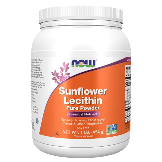 A white container of Now Foods Sunflower Lecithin Pure Powder 454 g, emphasizing its soy-free and vegetarian/vegan qualities as well as its role in the breakdown of fats, net weight 1 lb.