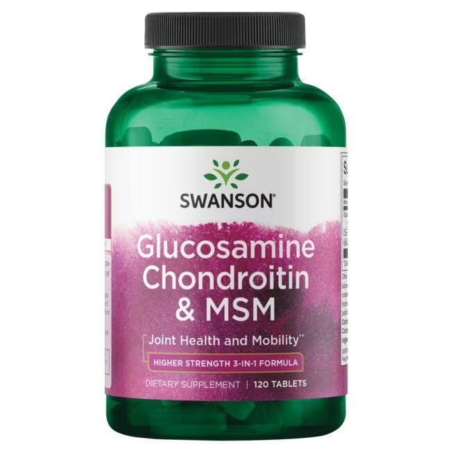 A bottle of Swanson Glucosamine 500 mg, Chondroitin 400 mg & MSM 200 mg dietary supplement for joint health and mobility, containing 120 tablets.