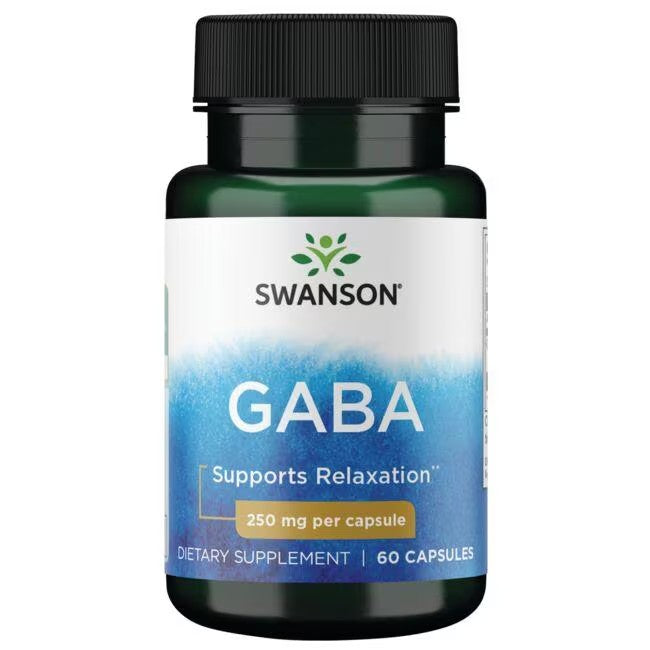 A bottle of Swanson GABA 250 mg 60 Capsules supplement, stating it supports stress relief with 250 mg per capsule.