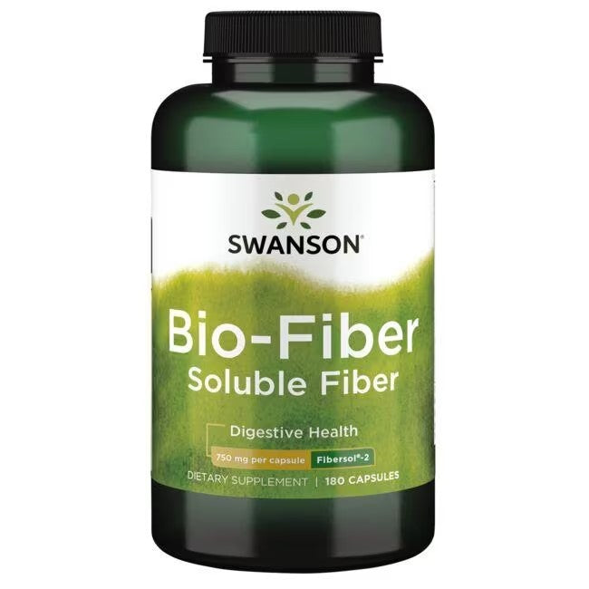 Bottle of Swanson Fibersol-2 750 mg soluble fiber dietary supplement with 180 capsules for digestive health and managing cholesterol levels.