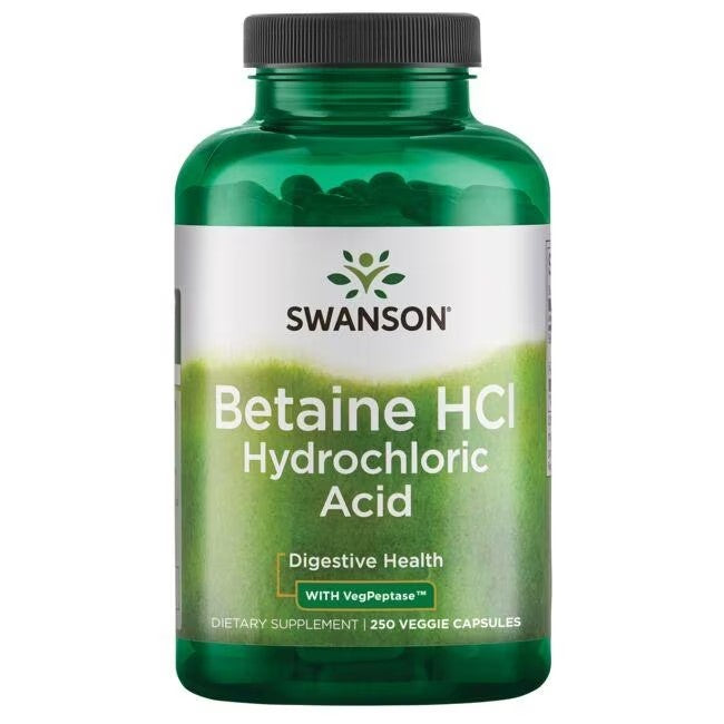 Bottle of Swanson Betaine HCl Hydrochloric Acid with VegPeptase 250 veggie capsules dietary supplement for digestive health.