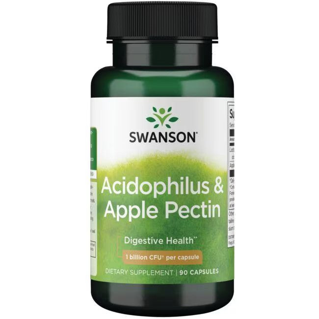 A bottle of Swanson Acidophilus & Apple Pectin 90 Capsules dietary supplement for intestinal health, containing 1 billion CFU per capsule.