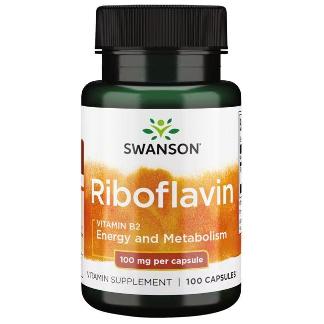 A green bottle labeled "Swanson Riboflavin Vitamin B2 100 mg 100 Capsules" contains 100 capsules. Each capsule provides 100 mg of Vitamin B2, essential for energy production and overall wellness.