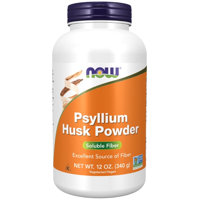 Container of Now Foods Psyllium Husk Powder 12 oz. (340 g), labeled as a dietary fiber supplement, vegetarian/vegan.