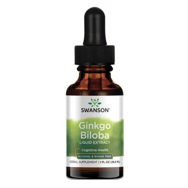 A bottle of Swanson Ginkgo Biloba Liquid Extract 250 mg 1fl oz (29.6 ml), labeled for cognitive function enhancement, alcohol and sugar-free, with a dropper cap.