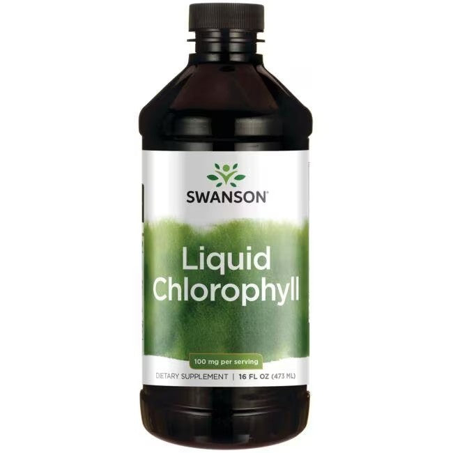 A bottle of Swanson Chlorophyll Liquid 100 mg dietary supplement, 16 fl oz (473 ml), with a white and green label.