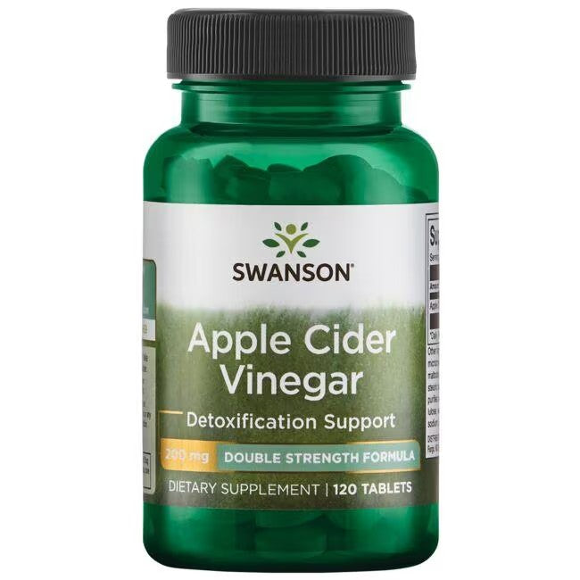 A bottle of Swanson Apple Cider Vinegar 200 mg dietary supplements, labeled for weight management and detoxification support, containing 120 tablets.