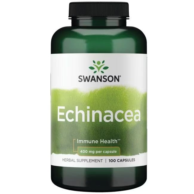 A bottle of Swanson Echinacea 400 mg 100 Capsules herbal supplement with a label stating "immune system support, 400 mg per capsule, 100 capsules.