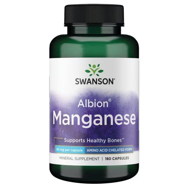 A bottle of Swanson Albion Manganese 40 mg 180 Capsules, labeled to support healthy bones and joint support, contains 180 capsules with 40 mg per capsule using Albion amino acid chelate.