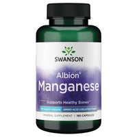 Thumbnail for A bottle of Swanson Albion Manganese 40 mg 180 Capsules, labeled to support healthy bones and joint support, contains 180 capsules with 40 mg per capsule using Albion amino acid chelate.