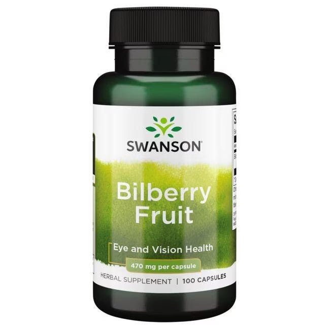 Bottle of Swanson Bilberry Fruit 470 mg 100 Capsules with antioxidants for eye and vision health.