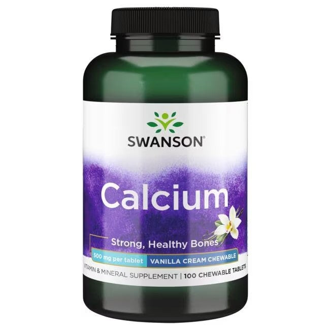 Bottle of Swanson Calcium 500 mg 100 Vanilla Cream Chewable Tablets, labeled for strong, healthy bones.