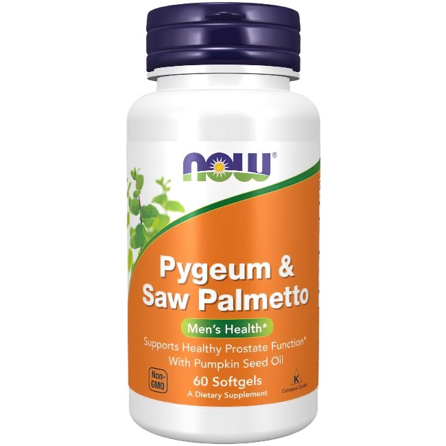 Bottle of Now Foods Pygeum 50 mg & Saw Palmetto 160 mg Extracts supplement, formulated for men's prostate health to support healthy function, with 60 softgels.
