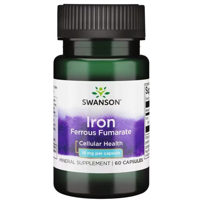 A bottle of Swanson Iron Ferrous Fumarate 18 mg 60 Capsules supplements, labeled as supporting immune support and cellular health with 18 mg per capsule, 60 capsules in total.