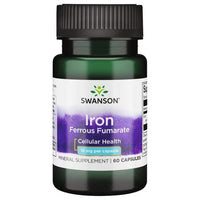 Thumbnail for A bottle of Swanson Iron Ferrous Fumarate 18 mg 60 Capsules supplements, labeled as supporting immune support and cellular health with 18 mg per capsule, 60 capsules in total.