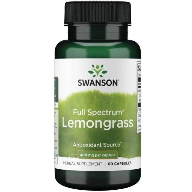 A bottle of Swanson Full Spectrum Lemongrass 400 mg 60 Capsules, containing 60 capsules with 400 mg per capsule, labeled as an antioxidant and immune system support source.
