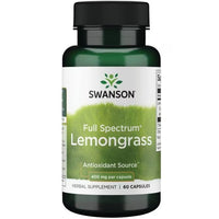 Thumbnail for A bottle of Swanson Full Spectrum Lemongrass 400 mg 60 Capsules, containing 60 capsules with 400 mg per capsule, labeled as an antioxidant and immune system support source.