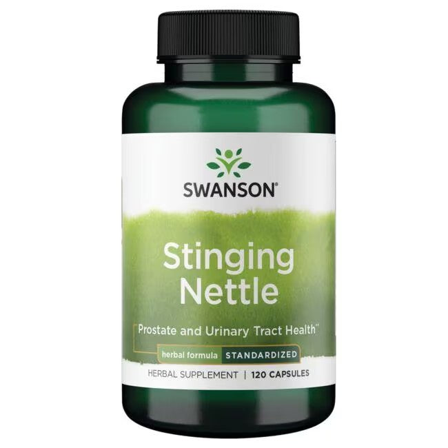 A bottle of Swanson Stinging Nettle - Standardized 120 Capsules, labeled for prostate and urinary tract health. This supplement also offers immune system support with 120 standardized herbal capsules designed to promote optimal well-being.