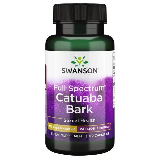 A bottle of Swanson Catuaba Bark 465 mg 60 Capsules, labeled as a sexual health supplement with 60 capsules per container.