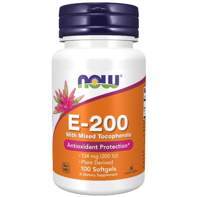 A bottle of Now Foods Vitamin E-200 With Mixed Tocopherols dietary supplement, containing 100 softgels, for antioxidant effects.