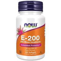 Thumbnail for A bottle of Now Foods Vitamin E-200 With Mixed Tocopherols dietary supplement, containing 100 softgels, for antioxidant effects.