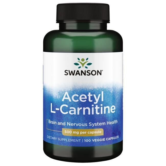 Bottle of Swanson Acetyl L-Carnitine 500 mg 100 Veggie Capsules dietary supplement for brain health and muscle recovery.