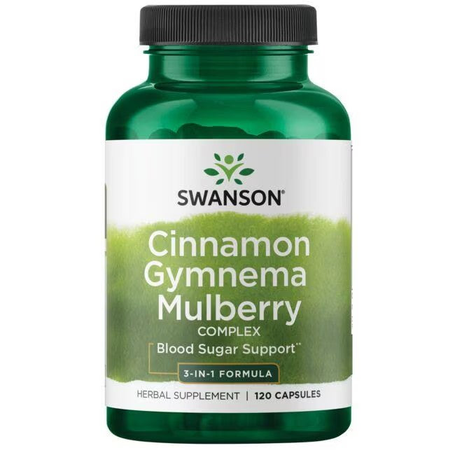 A bottle of Swanson brand Cinnamon, Gymnema & Mulberry Complex 120 Capsules, labeled as a blood sugar regulation herbal supplement containing 120 capsules.