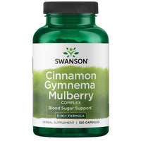 Thumbnail for A bottle of Swanson brand Cinnamon, Gymnema & Mulberry Complex 120 Capsules, labeled as a blood sugar regulation herbal supplement containing 120 capsules.