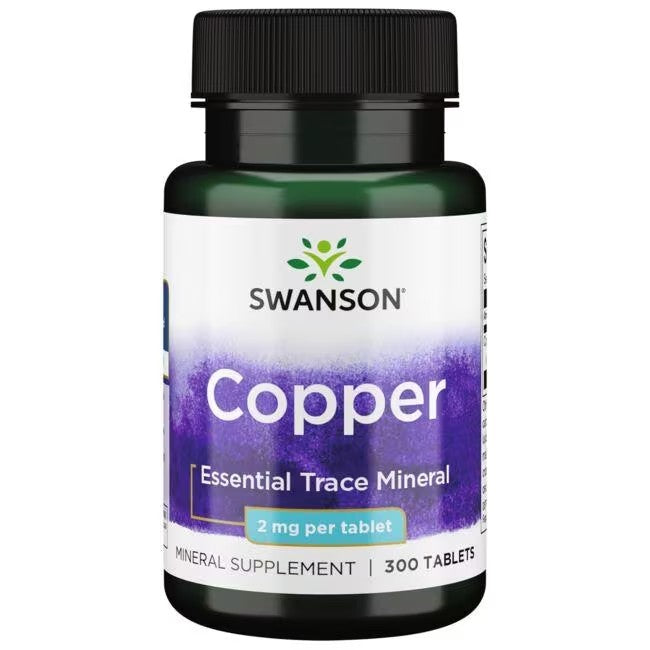 A bottle of Swanson Albion Chelated Copper supplements, labeled as "essential trace mineral" for energy production, with a dosage of 2 mg per tablet.