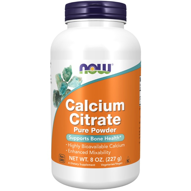 A bottle of Now Foods Calcium Citrate Pure Powder 227 g, stating it supports bone health and nervous system support, and is vegetarian/vegan.
