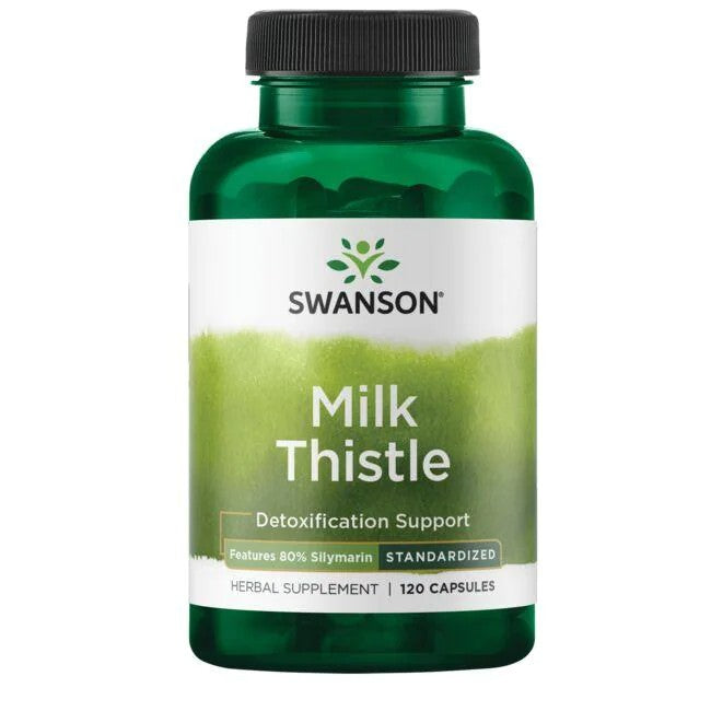 Bottle of Swanson Milk Thistle - Features 80% Silymarin 120 Capsules for liver support.