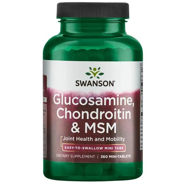 Sentence with replaced product and brand name: A bottle of Swanson Glucosamine, Chondroitin & MSM - 360 Mini-Tablets supplements, promoting joint health and mobility.