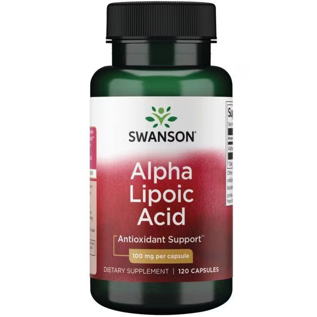 Bottle of Swanson Alpha Lipoic Acid 100 mg 120 Capsules dietary supplement with antioxidant properties for blood sugar regulation.