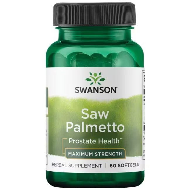 A bottle of Swanson Saw Palmetto Maximum Strength 320 mg 60 Softgels supplements for prostate and urinary tract support.