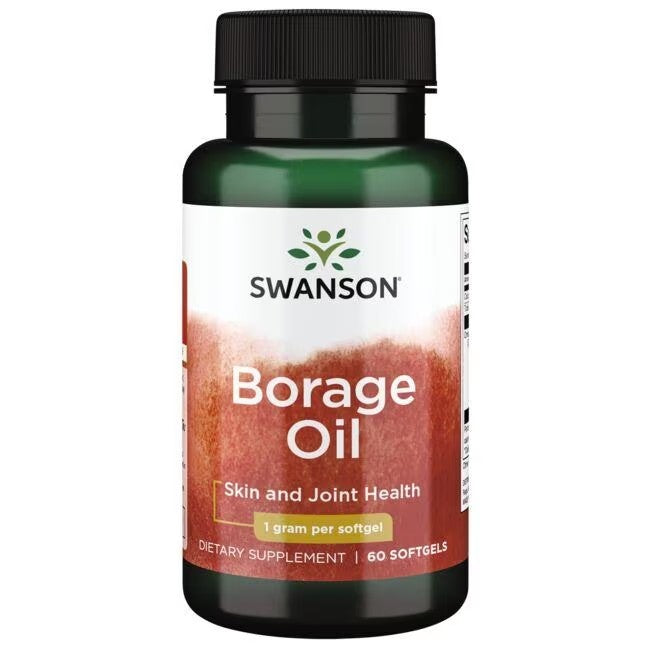 A bottle of Swanson Borage Oil 1000 mg dietary supplement, labeled for skin health and containing Gamma-linolenic acid, with 60 softgels.