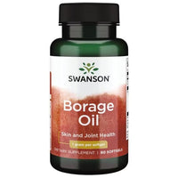 Thumbnail for A bottle of Swanson Borage Oil 1000 mg dietary supplement, labeled for skin health and containing Gamma-linolenic acid, with 60 softgels.