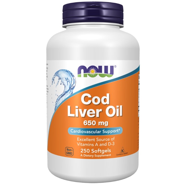 A bottle of Now Foods Cod Liver Oil 650 mg 250 Softgels, each labeled as 650 mg and rich in Omega-3 fatty acids, offering cardiovascular support.