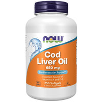Thumbnail for A bottle of Now Foods Cod Liver Oil 650 mg 250 Softgels, each labeled as 650 mg and rich in Omega-3 fatty acids, offering cardiovascular support.