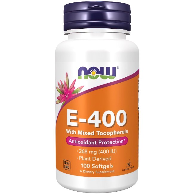 Bottle of Now Foods Vitamin E-400 With Mixed Tocopherols 100 Softgels supplement with antioxidant effects.