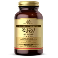 Thumbnail for A bottle of **Solgar Double Strength Omega-3 700 mg 60 Softgels**, promoting heart health and cognitive function, and free from gluten, wheat, and dairy.