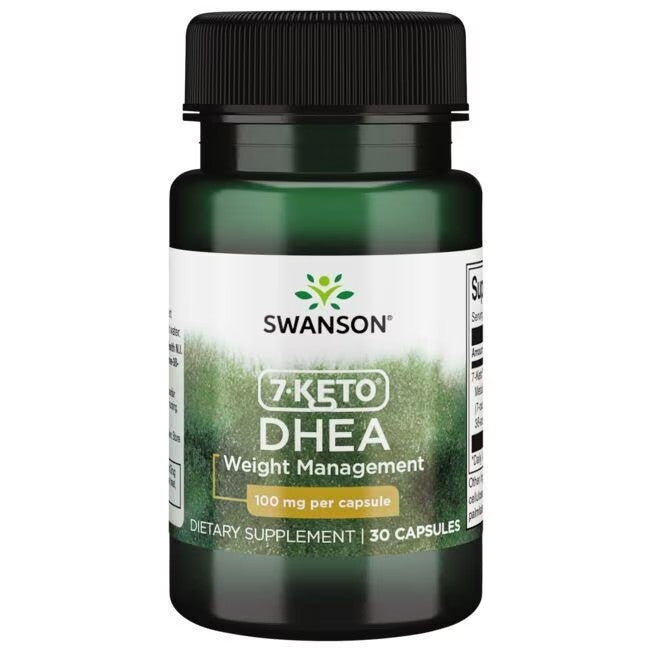 A bottle of Swanson 7-Keto DHEA 100 mg 30 Capsules dietary supplement for weight loss, containing 30 capsules with a dosage of 100 mg per capsule.