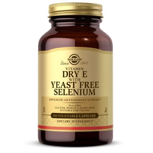 Brown bottle labeled "Solgar Dry Vitamin E with Yeast-Free Selenium 100 Vegetable Capsules" containing 100 vegetable capsules. It is marked as non-GMO, gluten-free, wheat and dairy-free, and suitable for vegans. This antioxidant-rich supplement combines Vitamin E and Selenium for optimal health benefits.