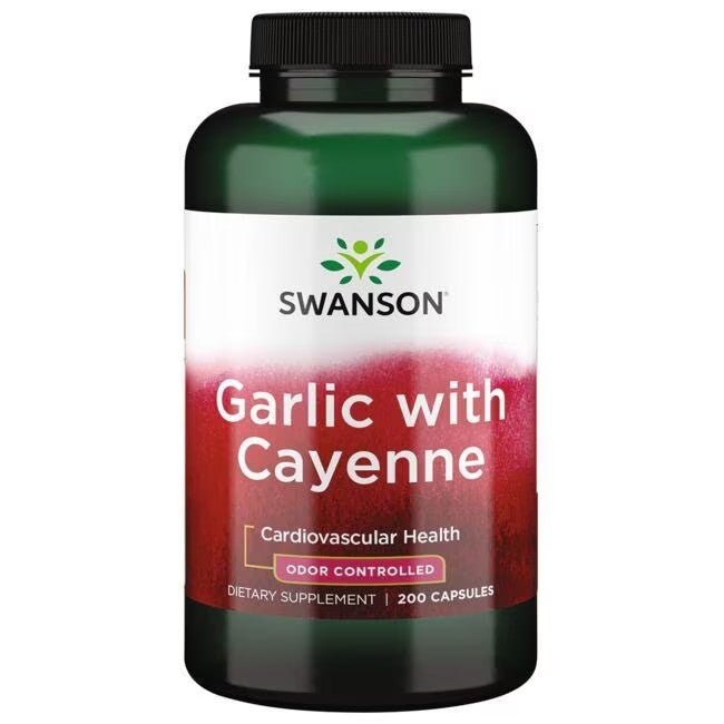 Bottle of Swanson Garlic with Cayenne Odor Controlled 200 Capsules, promoting cardiovascular system support.