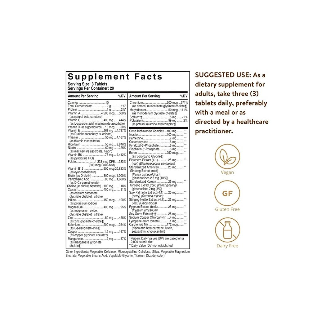 Ein Etikett mit den Inhaltsstoffen des Nahrungsergänzungsmittels Solgar's Male Multiple Multivitamins & Minerals for Men 180 Tablets.