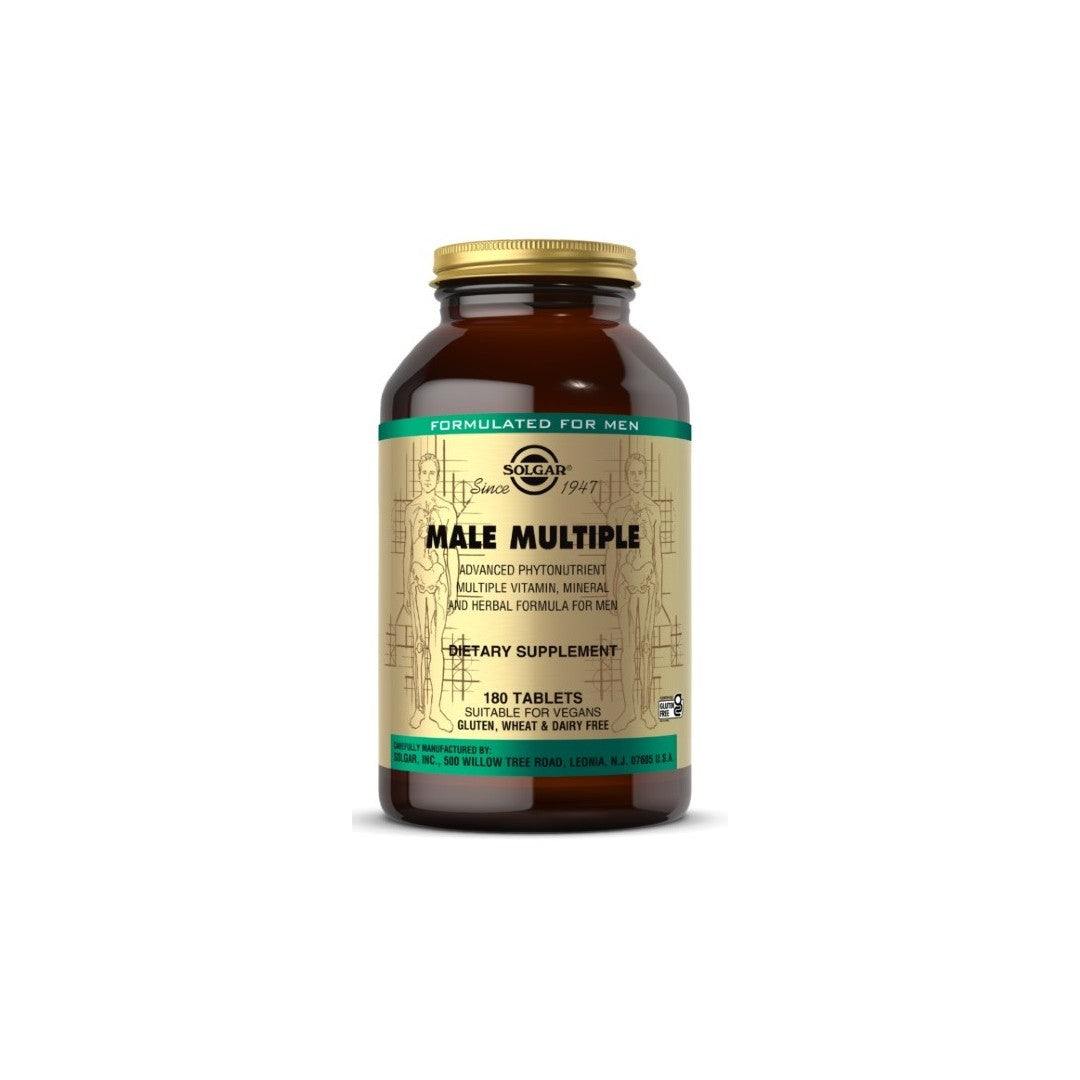Eine Flasche Solgar Male Multiple Multivitamins & Minerals for Men 180 Tabletten auf einem weißen Hintergrund.