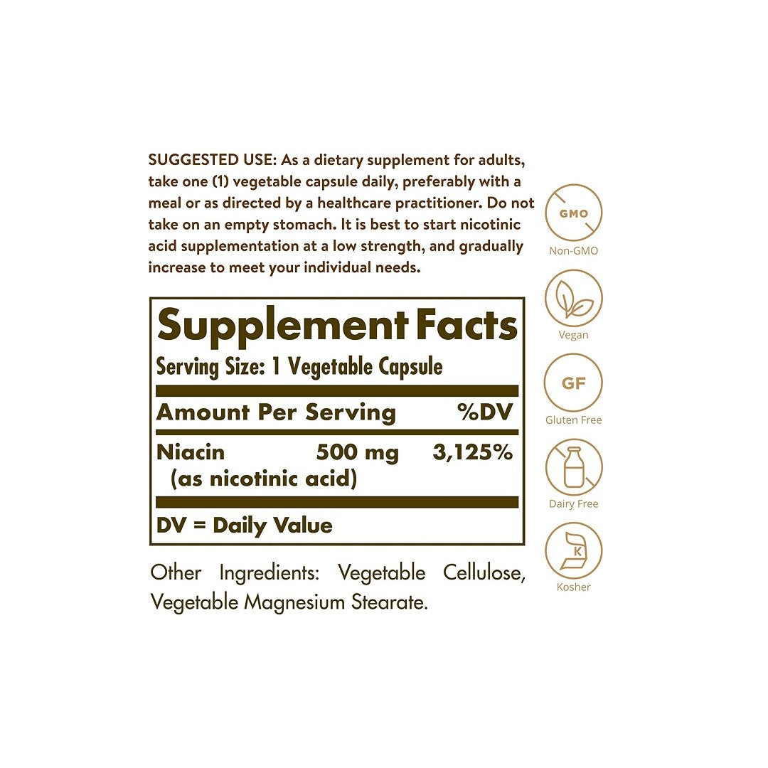 Ein Solgar Etikett mit den Inhaltsstoffen von Niacin Vitamin B3 500 mg 100 pflanzliche Kapseln, einem Nahrungsergänzungsmittel zur Förderung der kardiovaskulären Gesundheit.