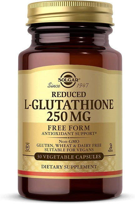 Reduziertes L-Glutathion 250 mg 30 pflanzliche Kapseln von Solgar ist ein starkes Antioxidans, das Aminosäuren enthält. Jede Portion liefert 250 mg dieses wichtigen Nährstoffs.