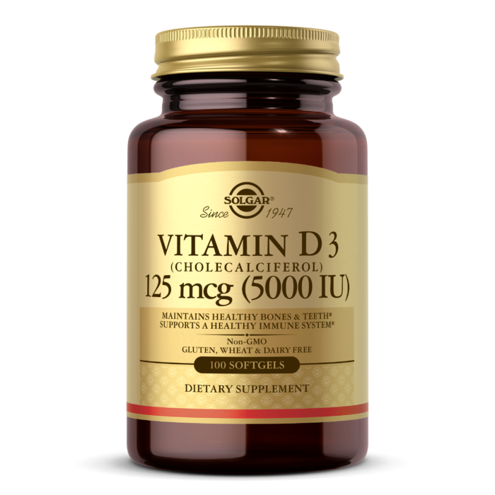 This Solgar supplement provides an optimal dose of Vitamin D3 (Cholecalciferol) 125 mcg (5,000 IU) in 100 Softgels, supporting bone health and boosting the immune system.
