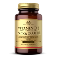 Thumbnail for This Solgar supplement provides an optimal dose of Vitamin D3 (Cholecalciferol) 125 mcg (5,000 IU) in 100 Softgels, supporting bone health and boosting the immune system.
