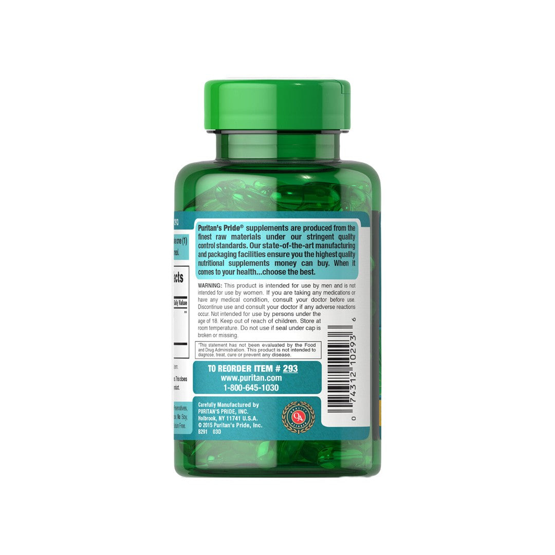 Die Rückseite einer Flasche Puritan's Pride Sägepalme 320 mg 60 schnell freisetzende Weichkapseln, die den Harnfluss und die Gesundheit der Prostata fördern.